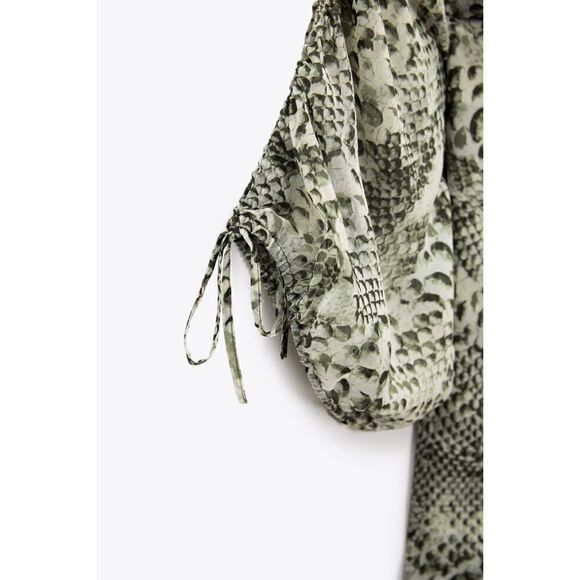 NWOT Zara Animal Print Draped Ruched Flounce Hem Tied V Neck Mini Dress, Small - Picture 11 of 16